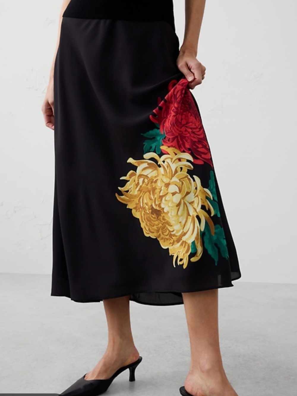 Banana Republic Black Midi Skirt with Yellow & Red Floral Print